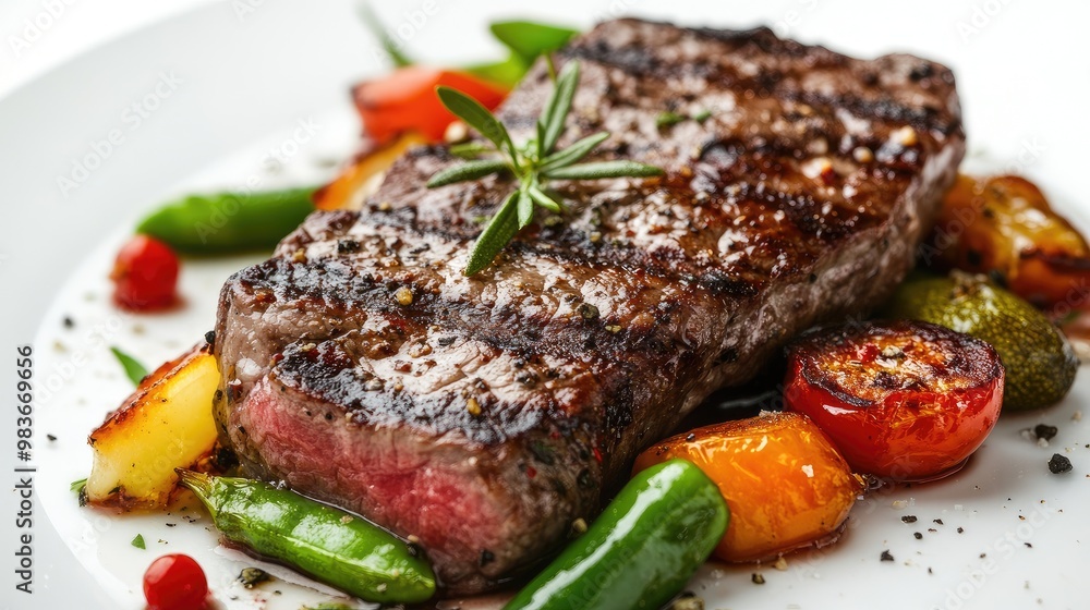 Close-up of a delicious halal steak with roasted vegetables, plated on a clean white surface. Close-up of a delicious halal steak with roasted vegetables, plated on a clean white surface.