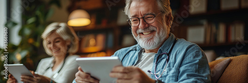 Smiling senior doctor using tablet.