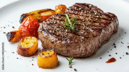 Close-up of a delicious halal steak with roasted vegetables, plated on a clean white surface.