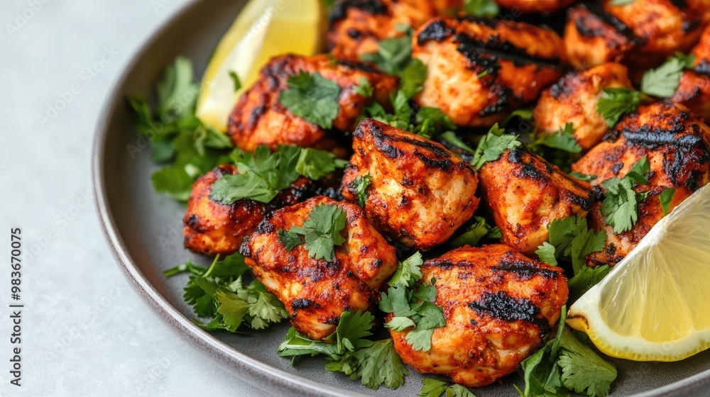Close-up of a plate of grilled chicken tikka with fresh herbs and lemon wedges, placed on a plain light surface. Close-up of a plate of grilled chicken tikka with fresh herbs and lemon wedges, placed on a plain light surface.