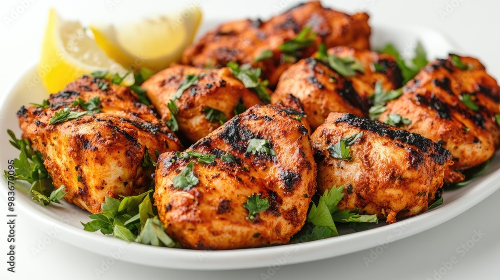 Close-up of a plate of grilled chicken tikka with fresh herbs and lemon wedges, placed on a plain light surface. Close-up of a plate of grilled chicken tikka with fresh herbs and lemon wedges, placed on a plain light surface.