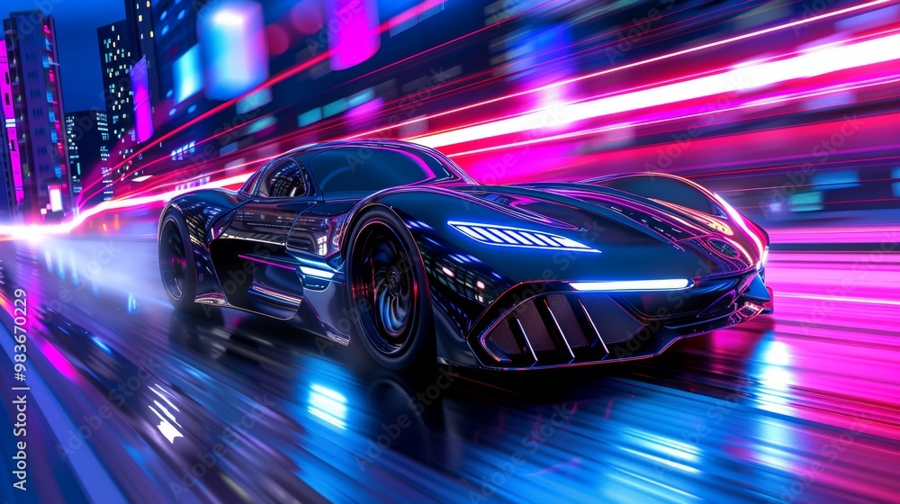 Black Sports Car Speeding Through Neon City at Night Black Sports Car Speeding Through Neon City at Night