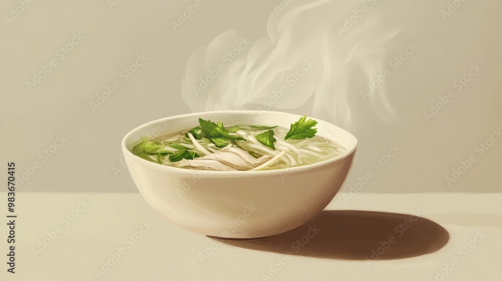 Close-up of a steaming bowl of chicken pho with fresh herbs, placed on a simple beige background. Close-up of a steaming bowl of chicken pho with fresh herbs, placed on a simple beige background.