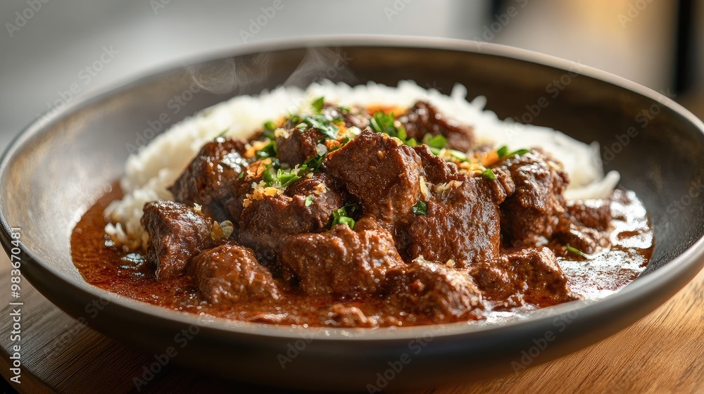 Close-up of a steaming plate of beef rendang, with rich coconut gravy, set against a simple wooden surface. Close-up of a steaming plate of beef rendang, with rich coconut gravy, set against a simple wooden surface.