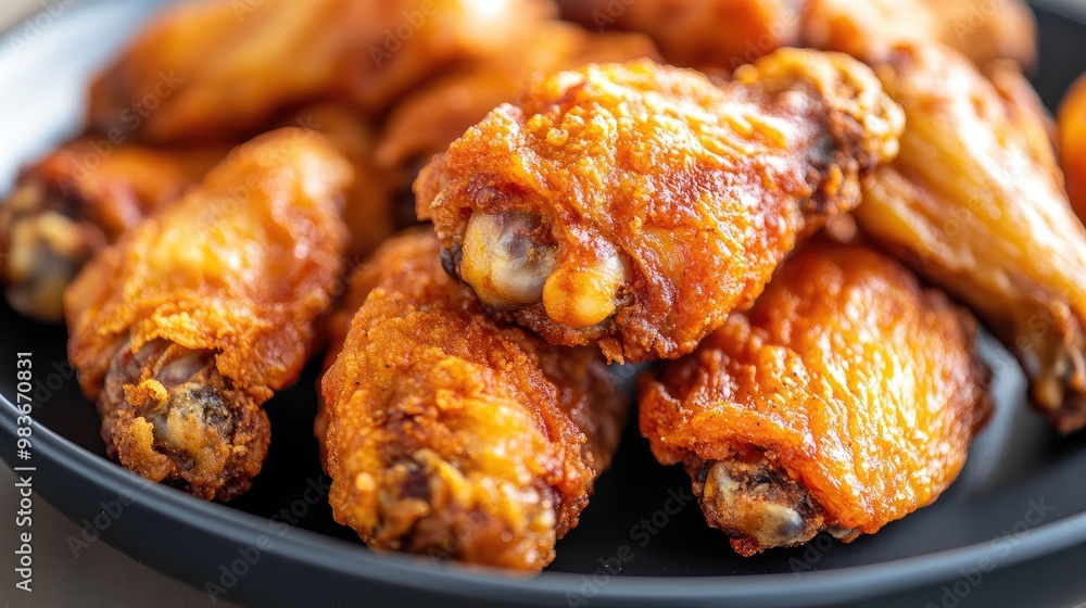 Close-up of crispy fried chicken wings, perfectly golden brown, arranged on a simple black plate with no distractions. Close-up of crispy fried chicken wings, perfectly golden brown, arranged on a simple black plate with no distractions.