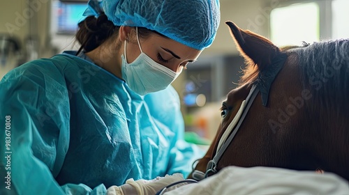 Veterinarian in Scrubs Examining a Horse photo