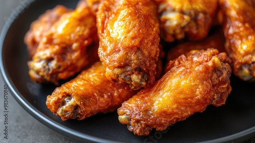 Close-up of crispy fried chicken wings, perfectly golden brown, arranged on a simple black plate with no distractions.