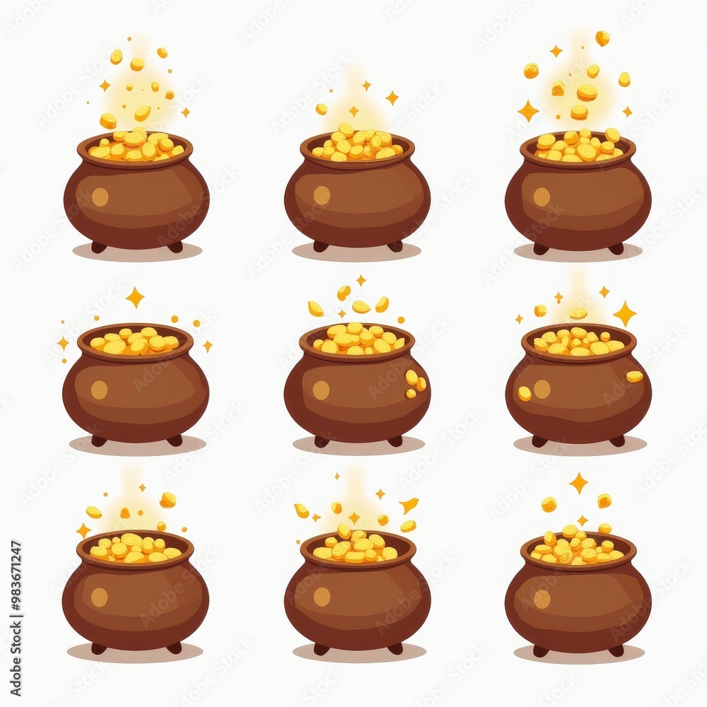 Cartoon Illustration of Pots of Gold with Sparkling Coins, Fantasy Treasure Icons Cartoon Illustration of Pots of Gold with Sparkling Coins, Fantasy Treasure Icons