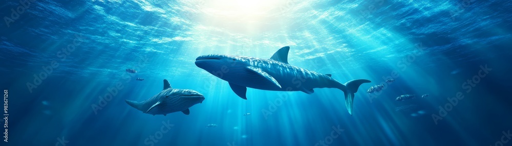 Obraz premium Blue Whale and Dolphin Swimming Underwater with Sunlight Rays