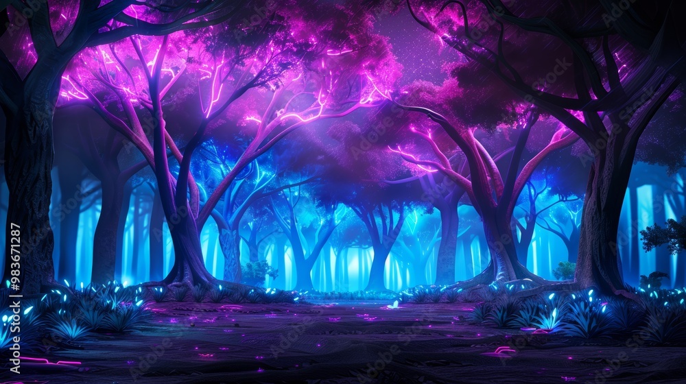 Fototapeta premium Enchanted Forest with Glowing Trees and Magical Light