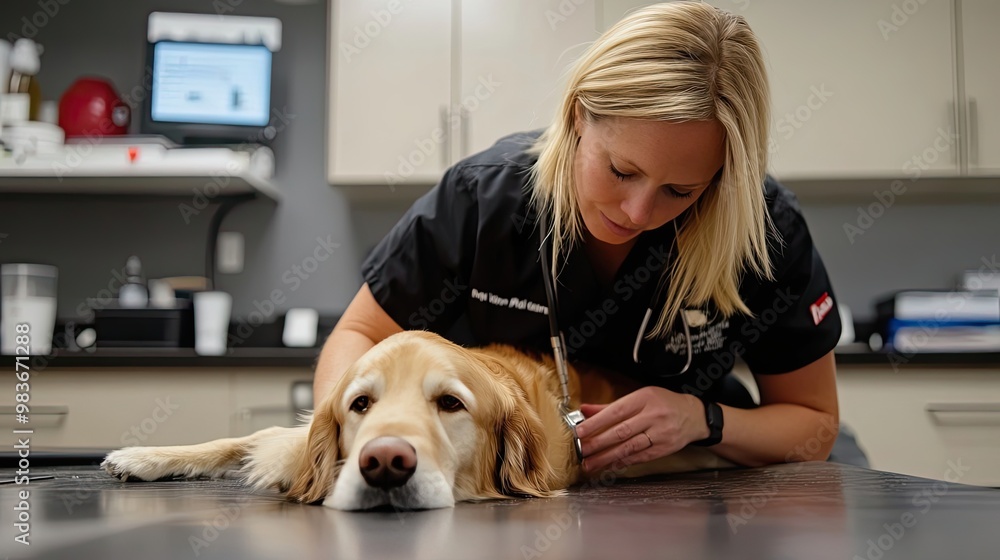 Veterinarian Examining a Golden Retriever with a Stethoscope Veterinarian Examining a Golden Retriever with a Stethoscope