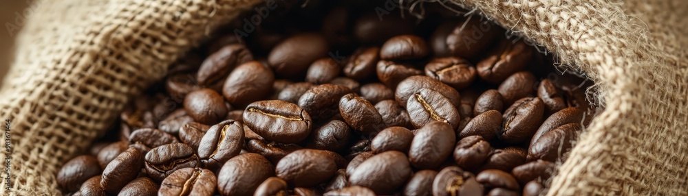 Roasted Coffee Beans in Burlap Sack Close Up Roasted Coffee Beans in Burlap Sack Close Up
