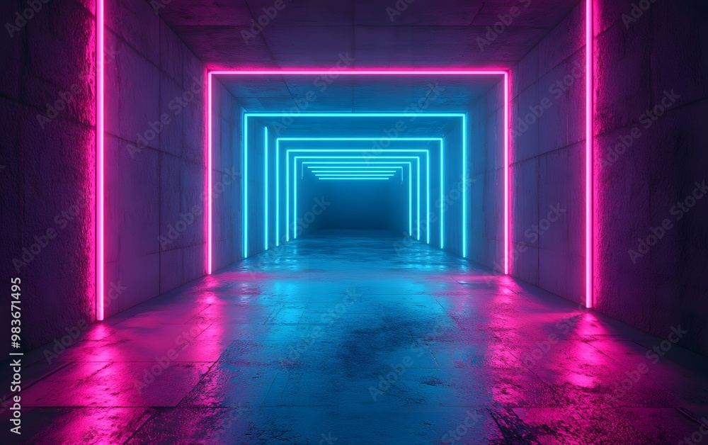 3D render, abstract futuristic background with neon glowing lines in a tunnel shape on purple and teal colors. 3D render, abstract futuristic background with neon glowing lines in a tunnel shape on purple and teal colors.