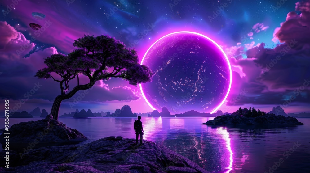 Naklejka premium Silhouette of a Man Contemplating a Purple Planet Under a Starry Sky