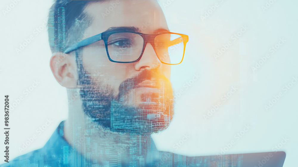 A young man in glasses looks thoughtfully into the distance, his face overlaid with an image of a city. A young man in glasses looks thoughtfully into the distance, his face overlaid with an image of a city.