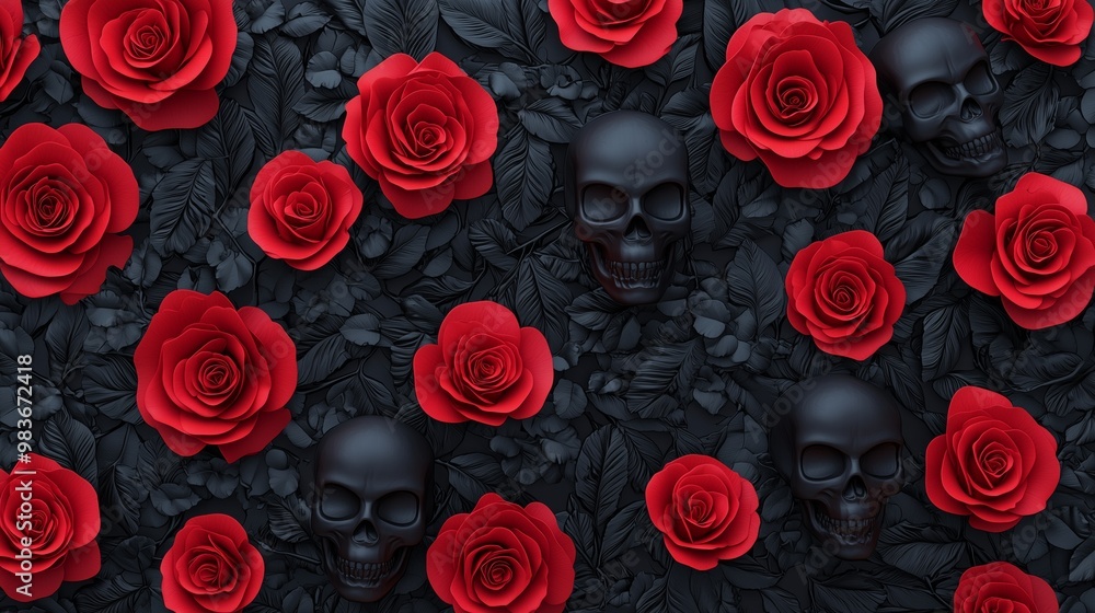 Black Skulls and Red Roses on Dark Floral Background Black Skulls and Red Roses on Dark Floral Background