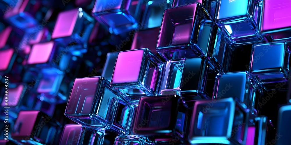 3D render, an abstract geometric background with neon blue and purple lights shining 3D render, an abstract geometric background with neon blue and purple lights shining