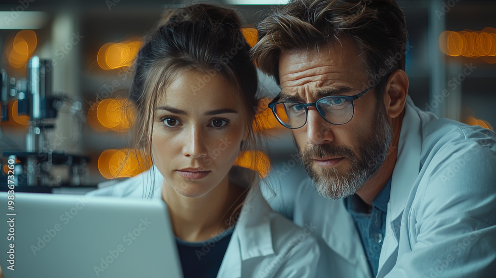 A young woman and a man in lab coats look intently at a laptop screen. A young woman and a man in lab coats look intently at a laptop screen.