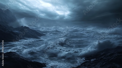 Dramatic Stormy Sea with Crashing Waves and Dark Clouds