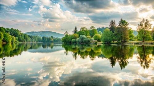 A serene lake reflecting trees and clouds, creating a tranquil natural scene.