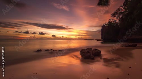 A beautiful beach under the natural sunset sky. The sand on the beach is golden, stretching out towards the ocean photo