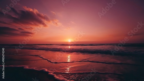 A beautiful beach under the natural sunset sky. The sand on the beach is golden, stretching out towards the ocean photo