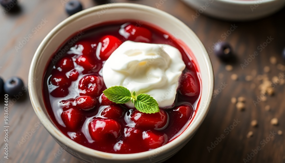 bowl of fresh berry compote with a dollop of whipped cream. bowl of fresh berry compote with a dollop of whipped cream.