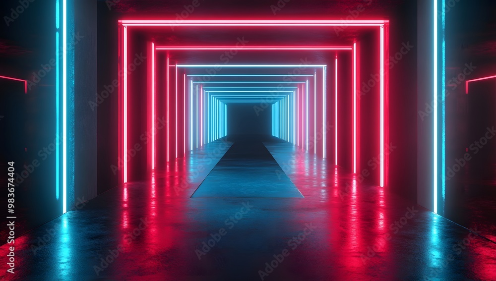 Fototapeta premium 3D render, an abstract futuristic background with neon blue and red lights in a dark room.