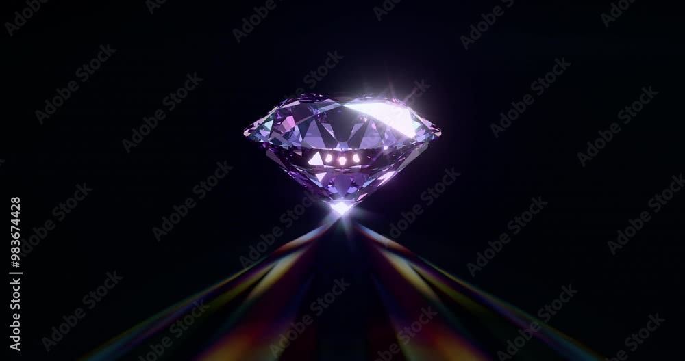 Diamond rotate shining on reflective surface with colorful caustics rays. 4K 3D rendering looped animation. Diamond rotate shining on reflective surface with colorful caustics rays. 4K 3D rendering looped animation.