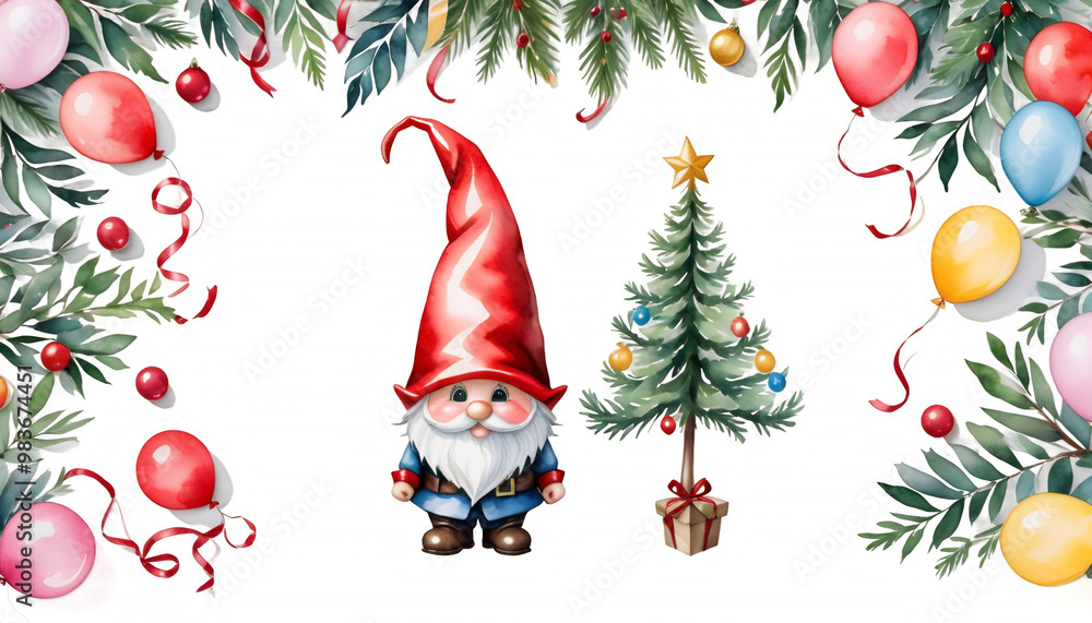 watercolor garland gnome balloons christmas tree illustration fancy christmas watercolor art christmas tree decoration holiday snowman christmas winter white celebration isolated christmas tree
