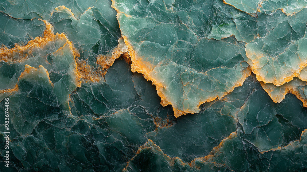 Close-up of a dark green and gold veined stone. Close-up of a dark green and gold veined stone.