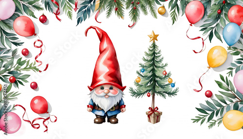 Obraz na płótnie watercolor garland gnome balloons christmas tree illustration fancy christmas watercolor art christmas tree decoration holiday snowman christmas winter white celebration isolated christmas tree w salonie