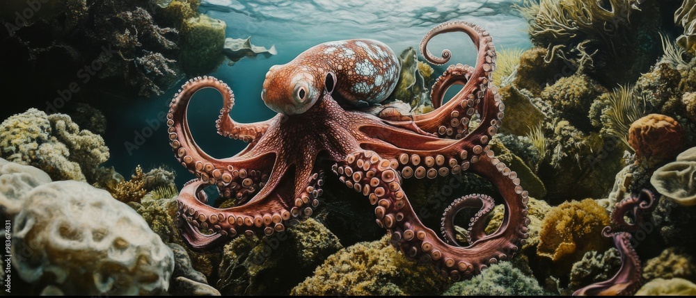 Obraz premium Celebrate Octopus Day by diving into the mysterious underwater world, where the intelligent and enigmatic octopus reigns as a master of camouflage and survival