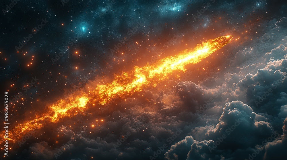 Fototapeta premium A Fiery Meteor Streaking Through Clouds and Stars