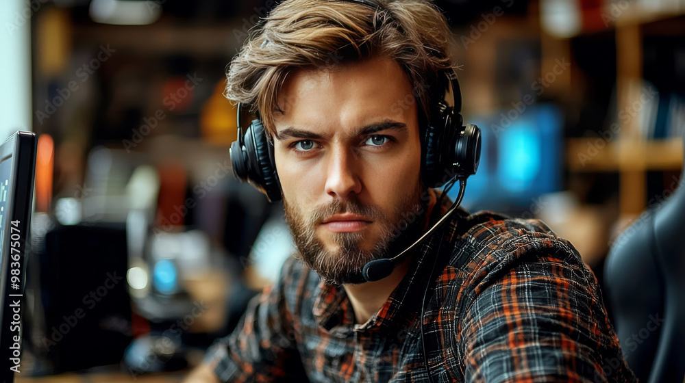 Focused young man in a headset at a computer. Focused young man in a headset at a computer.