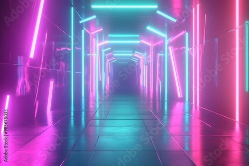 3D render of a neon glowing background with a geometric pattern, in blue and pink colors