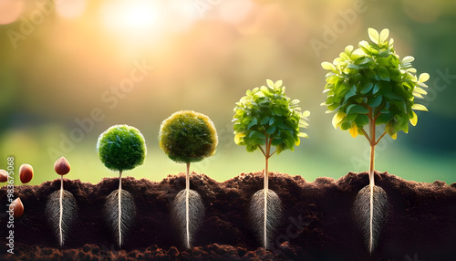 Illustration of plant growth stages from seed to mature plant, symbolizing development, success, and natural progression in a life cycle concept.