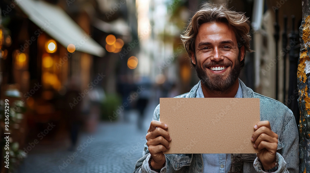 Smiling man holding a blank sign. Smiling man holding a blank sign.