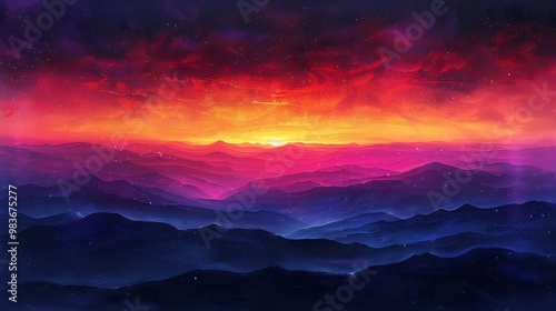 Abstract art of twilight sky dynamic colors of orange and purple with vibrant silhouettes of distant mountains