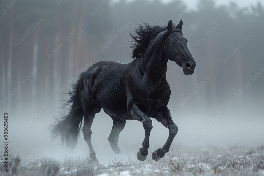 black horse gallops through a misty, rainy winter field, radiating health and happiness. black horse gallops through a misty, rainy winter field, radiating health and happiness.