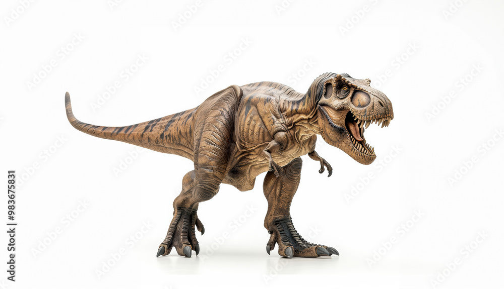 Fototapeta premium Tyrannosaurus Rex toy is showcased against a white background, highlighting its realistic texture and fierce expression. This model is perfect for dinosaur enthusiasts and collectors alike.