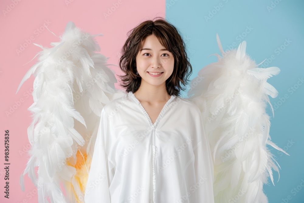 young asian woman dressed in a white angel costume, complete with large, fluffy wings, smiles warmly against a pastel-colored background. young asian woman dressed in a white angel costume, complete with large, fluffy wings, smiles warmly against a pastel-colored background.