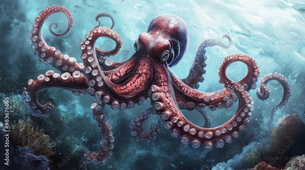 Obraz premium Celebrate Octopus Day by diving into the mysterious underwater world, where the intelligent and enigmatic octopus reigns as a master of camouflage and survival