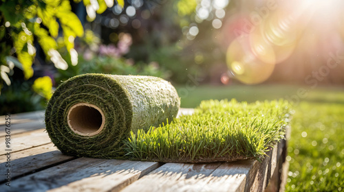 Wallpaper Mural Close-up of a roll of synthetic turf being installed on a backyard with decorative plants in the background Torontodigital.ca