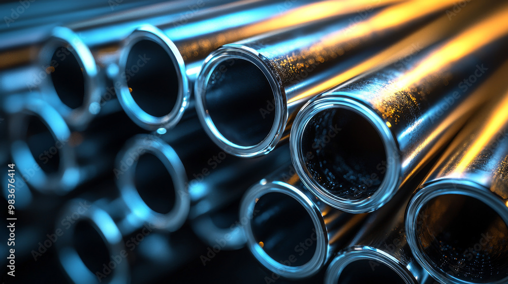 Close-up of shiny metal pipes with a warm, glowing light reflecting off the surface. Close-up of shiny metal pipes with a warm, glowing light reflecting off the surface.