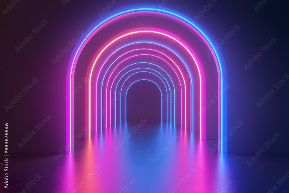 3D render of neon-glowing arches on a dark background, 3D render of neon-glowing arches on a dark background,