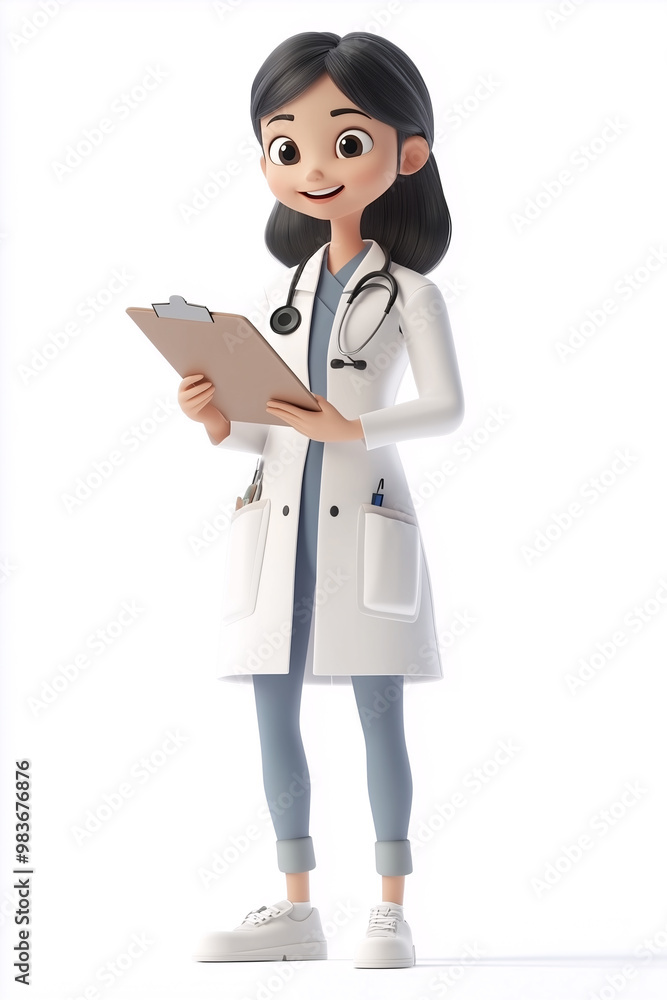 3D Asian cartoon doctor holding clipboard 3D Asian cartoon doctor holding clipboard