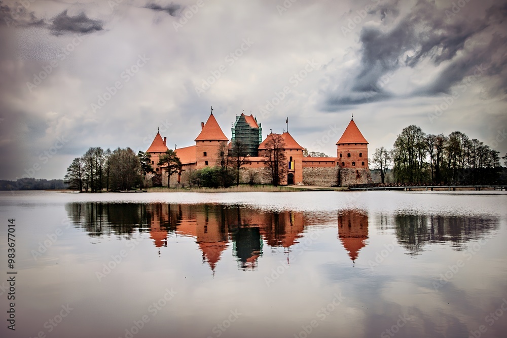 Fototapeta premium A picturesque castle reflecting in calm waters under a cloudy sky.
