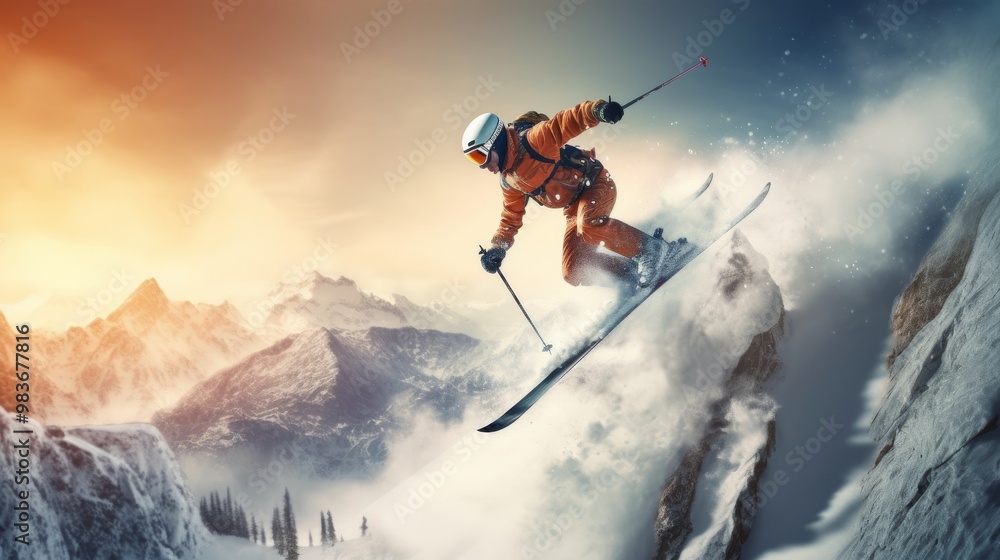 A man in an orange ski suit is skiing down a mountain A man in an orange ski suit is skiing down a mountain