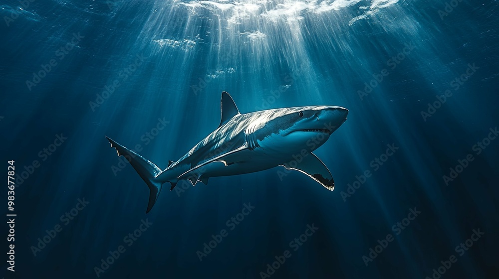 Naklejka premium A Single Shark Swimming Through Sunbeams in the Ocean